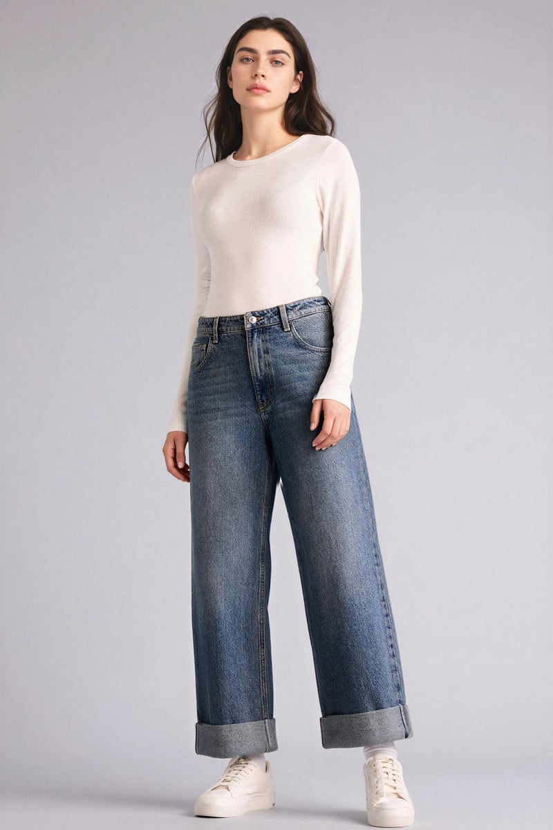 DeFacto Blue Woman Baggy Fit Folded Leg Denim Trousers Casual - Image 2
